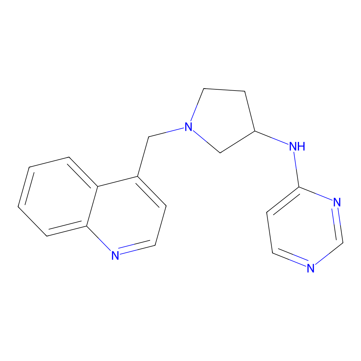 N-{1-[(quinolin-4-yl)methyl]pyrrolidin-3-yl}pyrimidin-4-amine molecular structure, CAS 3054558-10-7