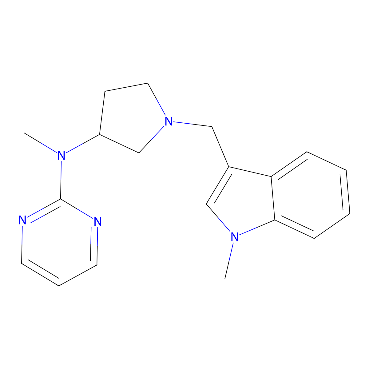 N-methyl-N-{1-[(1-methyl-1H-indol-3-yl)methyl]pyrrolidin-3-yl}pyrimidin-2-amine molecular structure, CAS 3054558-11-8