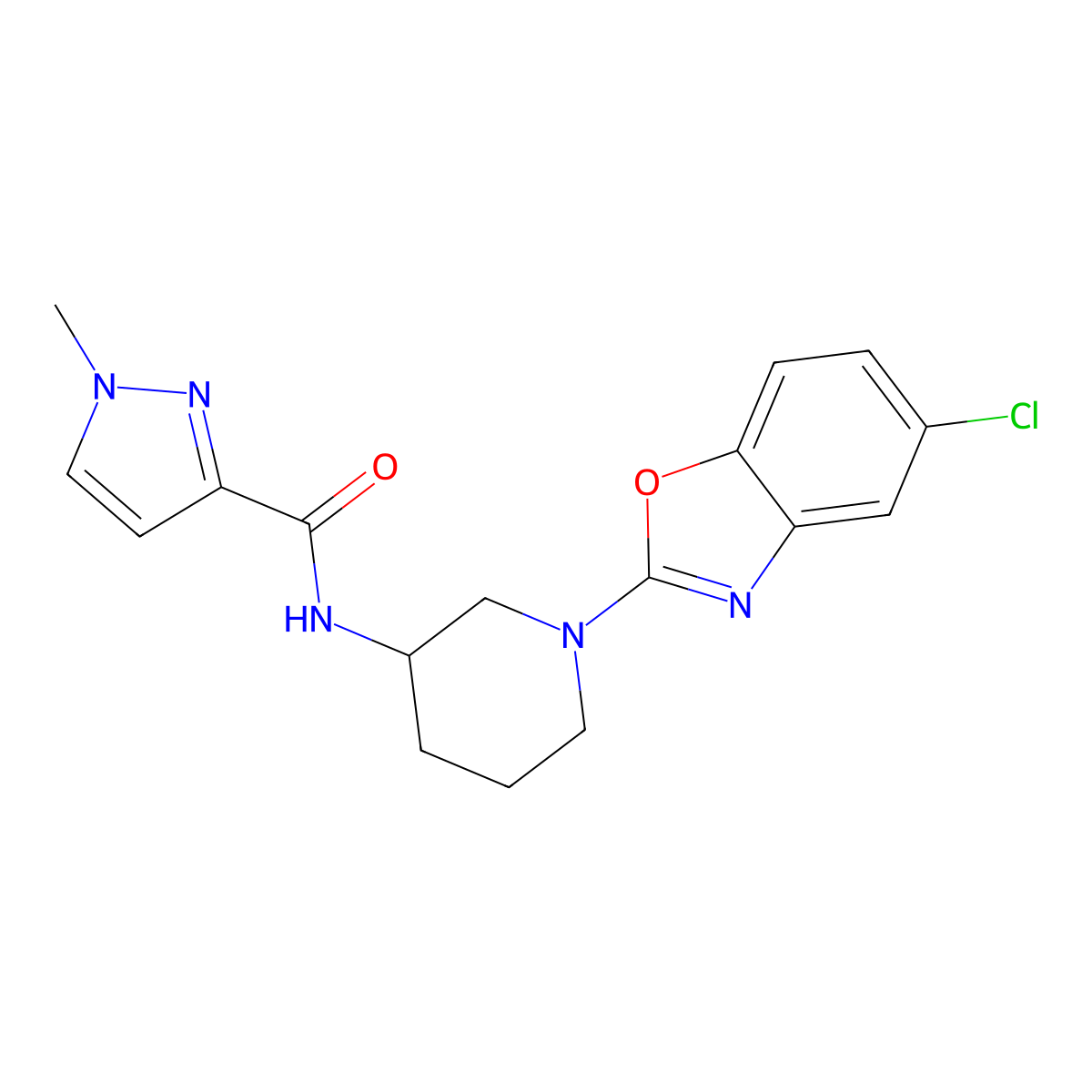 N-[1-(5-chloro-1,3-benzoxazol-2-yl)piperidin-3-yl]-1-methyl-1H-pyrazole-3-carboxamide molecular structure, CAS 3054558-16-3