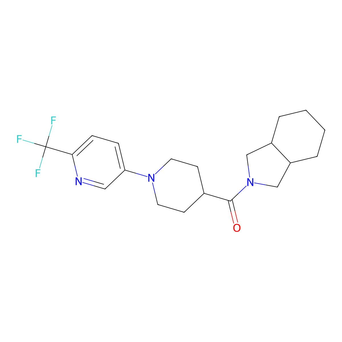 2-{1-[6-(trifluoromethyl)pyridin-3-yl]piperidine-4-carbonyl}-octahydro-1H-isoindole molecular structure, CAS 3054558-17-4