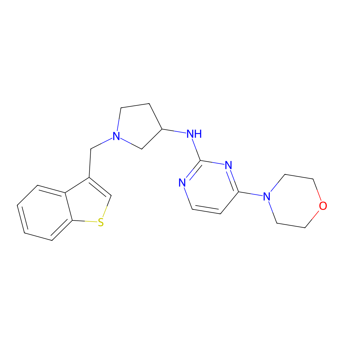 N-{1-[(1-benzothiophen-3-yl)methyl]pyrrolidin-3-yl}-4-(morpholin-4-yl)pyrimidin-2-amine molecular structure, CAS 3054558-18-5