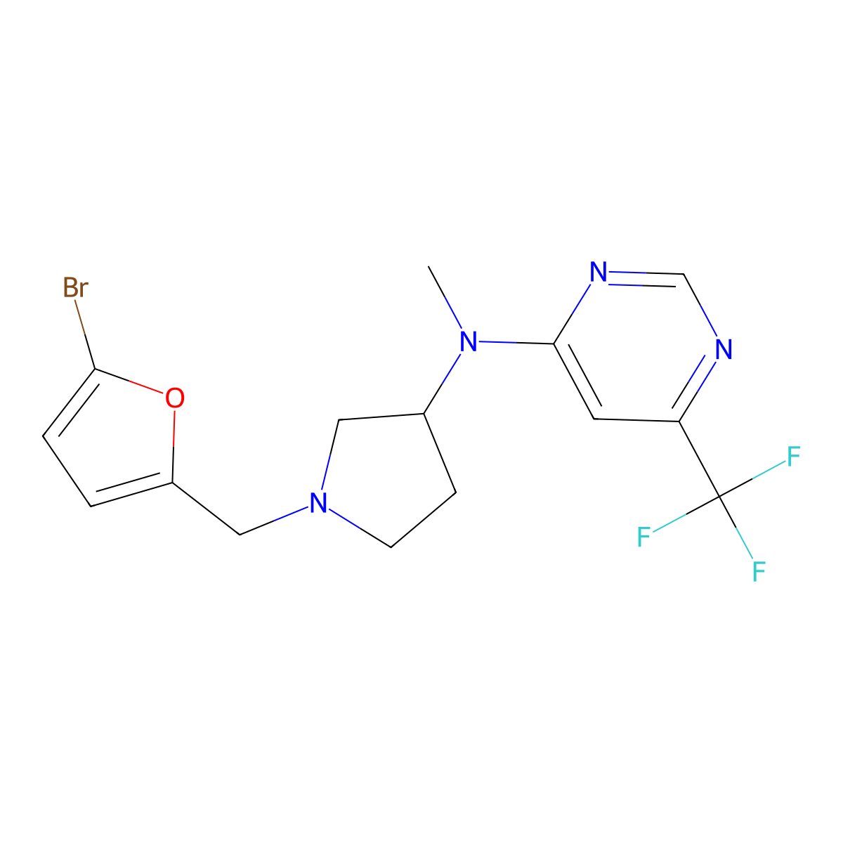 N-{1-[(5-bromofuran-2-yl)methyl]pyrrolidin-3-yl}-N-methyl-6-(trifluoromethyl)pyrimidin-4-amine molecular structure, CAS 3054558-27-6
