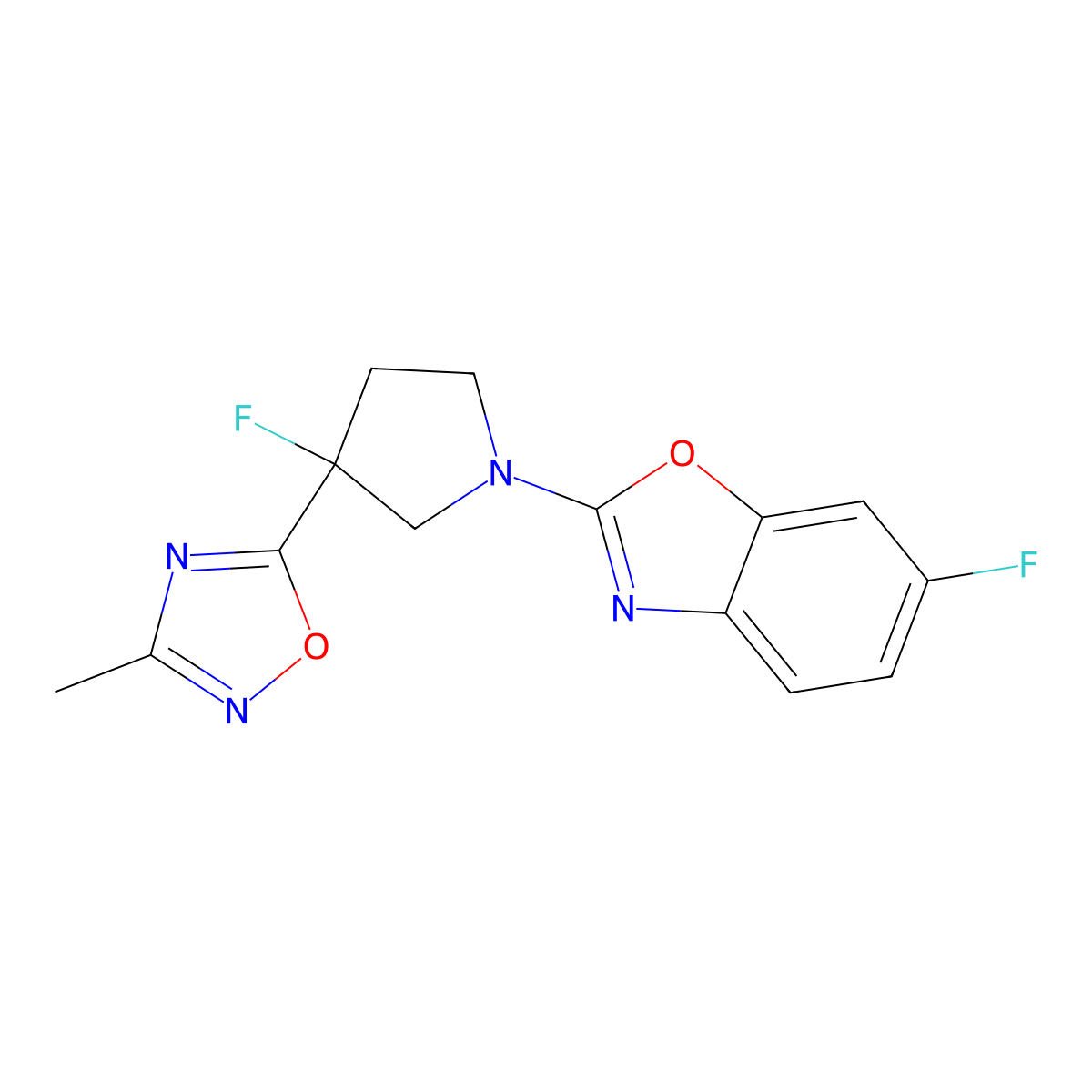 6-Fluoro-2-[3-fluoro-3-(3-methyl-1,2,4-oxadiazol-5-yl)pyrrolidin-1-yl]-1,3-benzoxazole molecular structure, CAS 3054558-28-7
