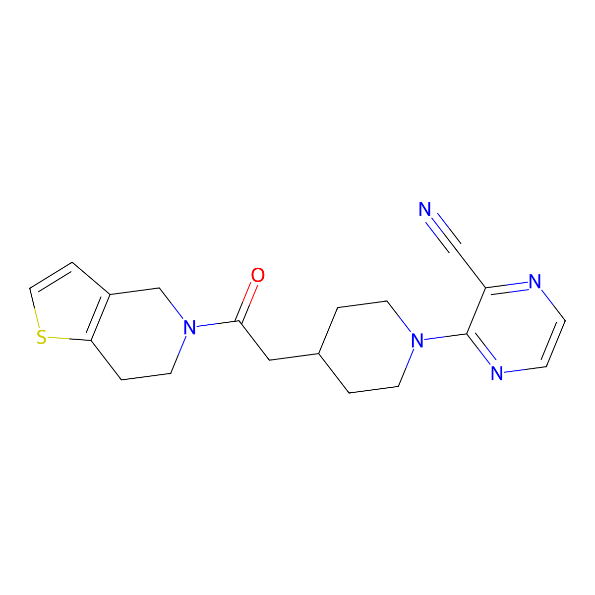 3-[4-(2-oxo-2-{4H,5H,6H,7H-thieno[3,2-c]pyridin-5-yl}ethyl)piperidin-1-yl]pyrazine-2-carbonitrile molecular structure, CAS 3054558-37-8