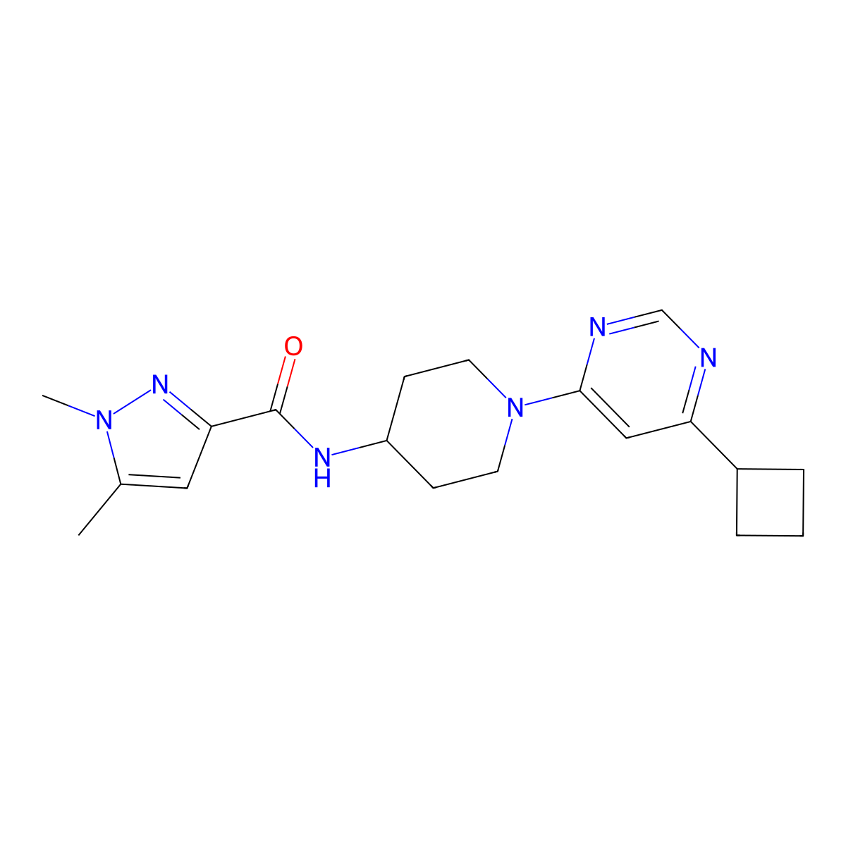 N-[1-(6-cyclobutylpyrimidin-4-yl)piperidin-4-yl]-1,5-dimethyl-1H-pyrazole-3-carboxamide molecular structure, CAS 3054558-40-3