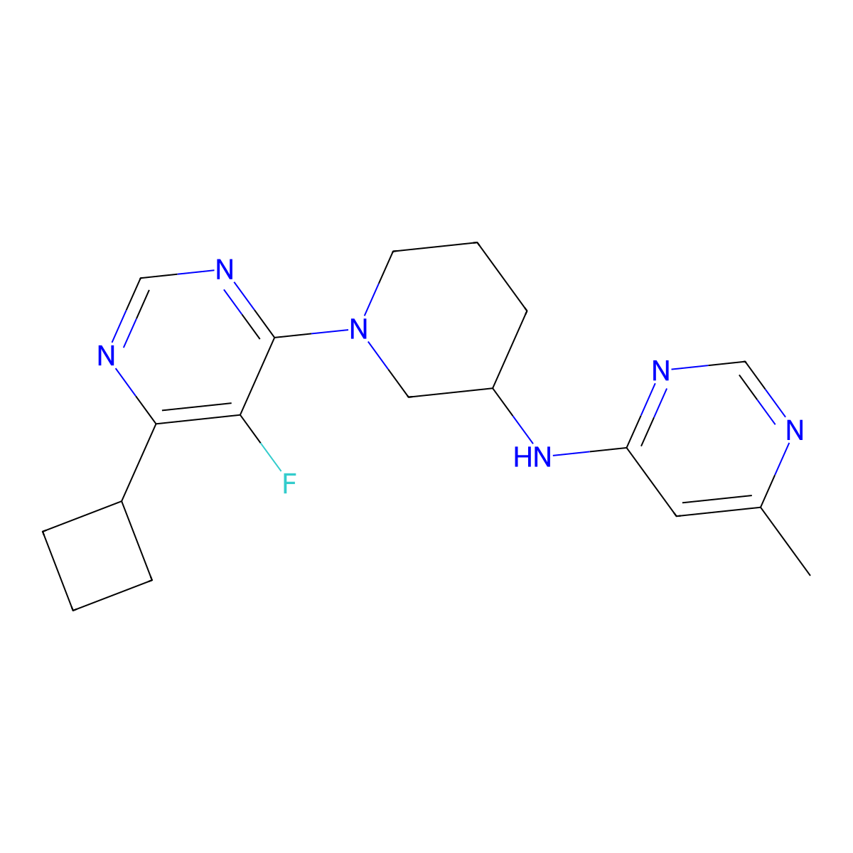 N-[1-(6-cyclobutyl-5-fluoropyrimidin-4-yl)piperidin-3-yl]-6-methylpyrimidin-4-amine molecular structure, CAS 3054558-54-9
