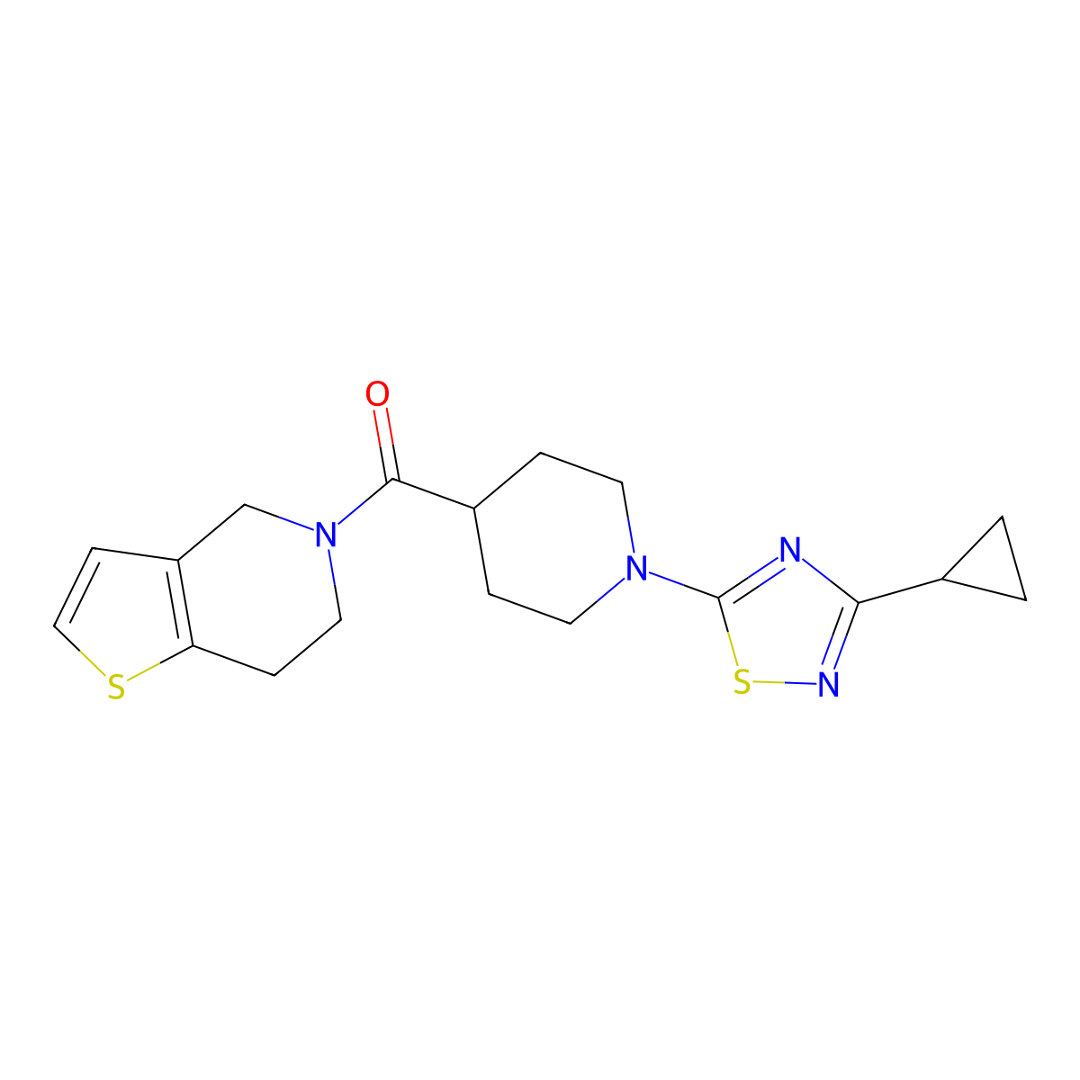 1-(3-cyclopropyl-1,2,4-thiadiazol-5-yl)-4-{4H,5H,6H,7H-thieno[3,2-c]pyridine-5-carbonyl}piperidine molecular structure, CAS 3054558-57-2