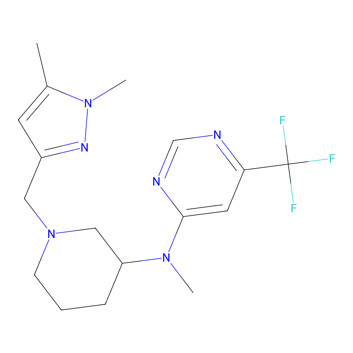 N-{1-[(1,5-dimethyl-1H-pyrazol-3-yl)methyl]piperidin-3-yl}-N-methyl-6-(trifluoromethyl)pyrimidin-4-amine molecular structure, CAS 3054558-61-8