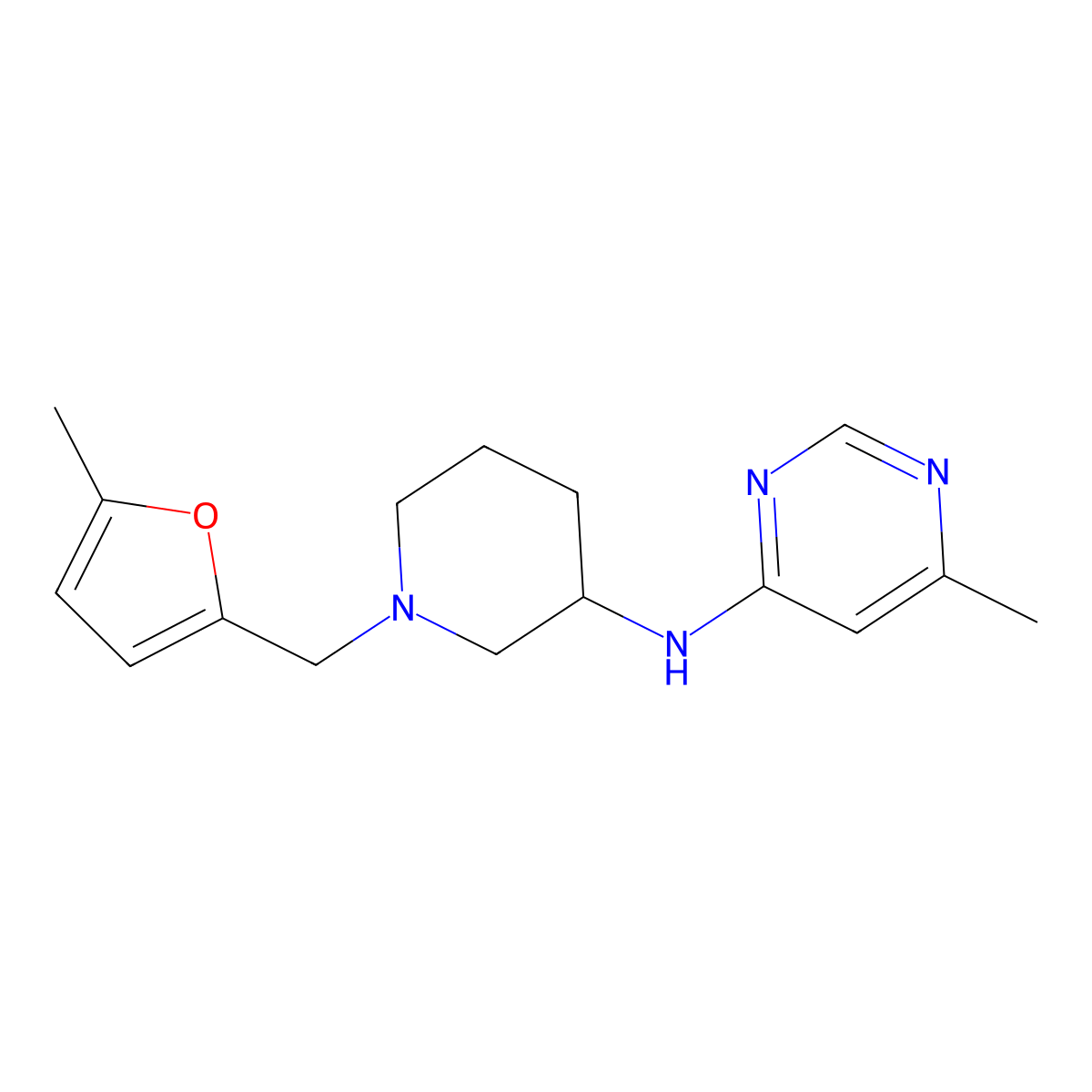 6-methyl-N-{1-[(5-methylfuran-2-yl)methyl]piperidin-3-yl}pyrimidin-4-amine molecular structure, CAS 3054558-62-9