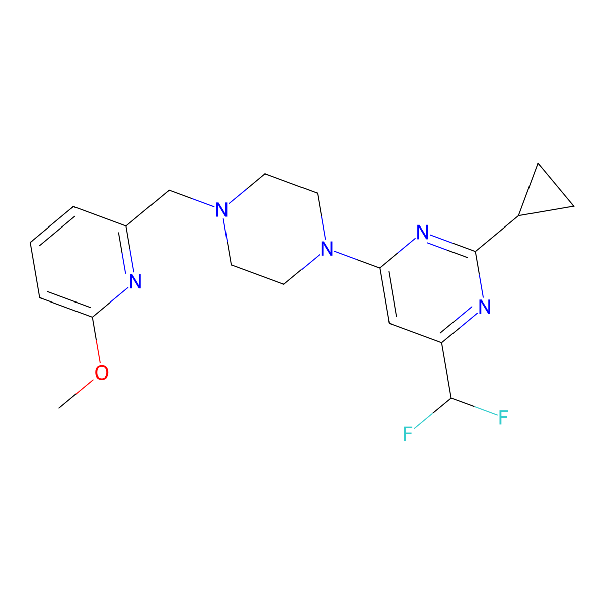 2-Cyclopropyl-4-(difluoromethyl)-6-{4-[(6-methoxypyridin-2-yl)methyl]piperazin-1-yl}pyrimidine molecular structure, CAS 3054558-64-1