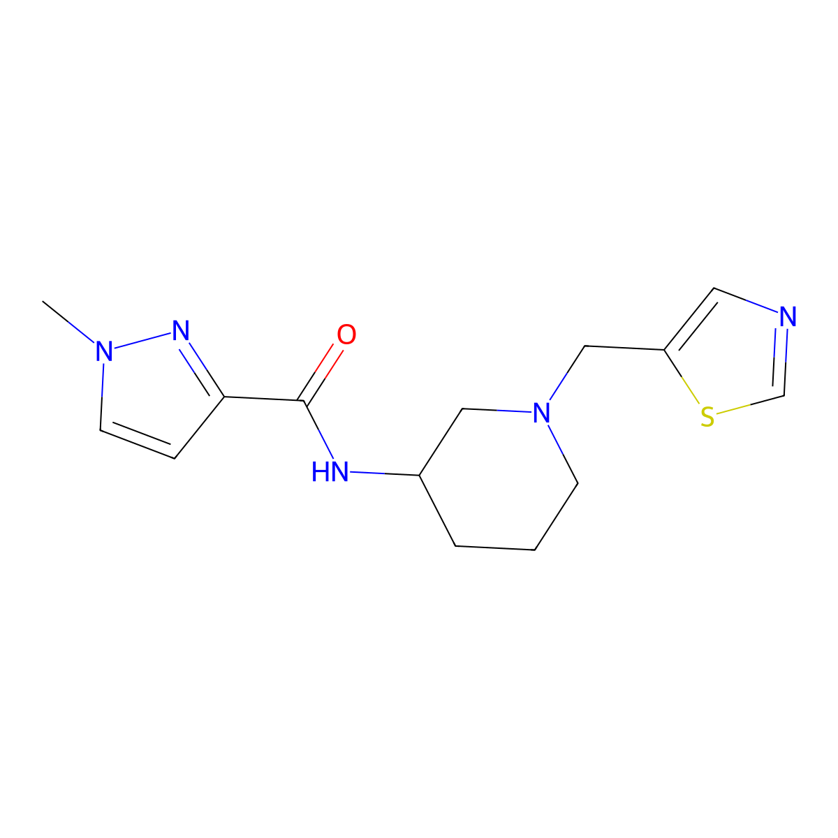 1-methyl-N-{1-[(1,3-thiazol-5-yl)methyl]piperidin-3-yl}-1H-pyrazole-3-carboxamide molecular structure, CAS 3054558-66-3