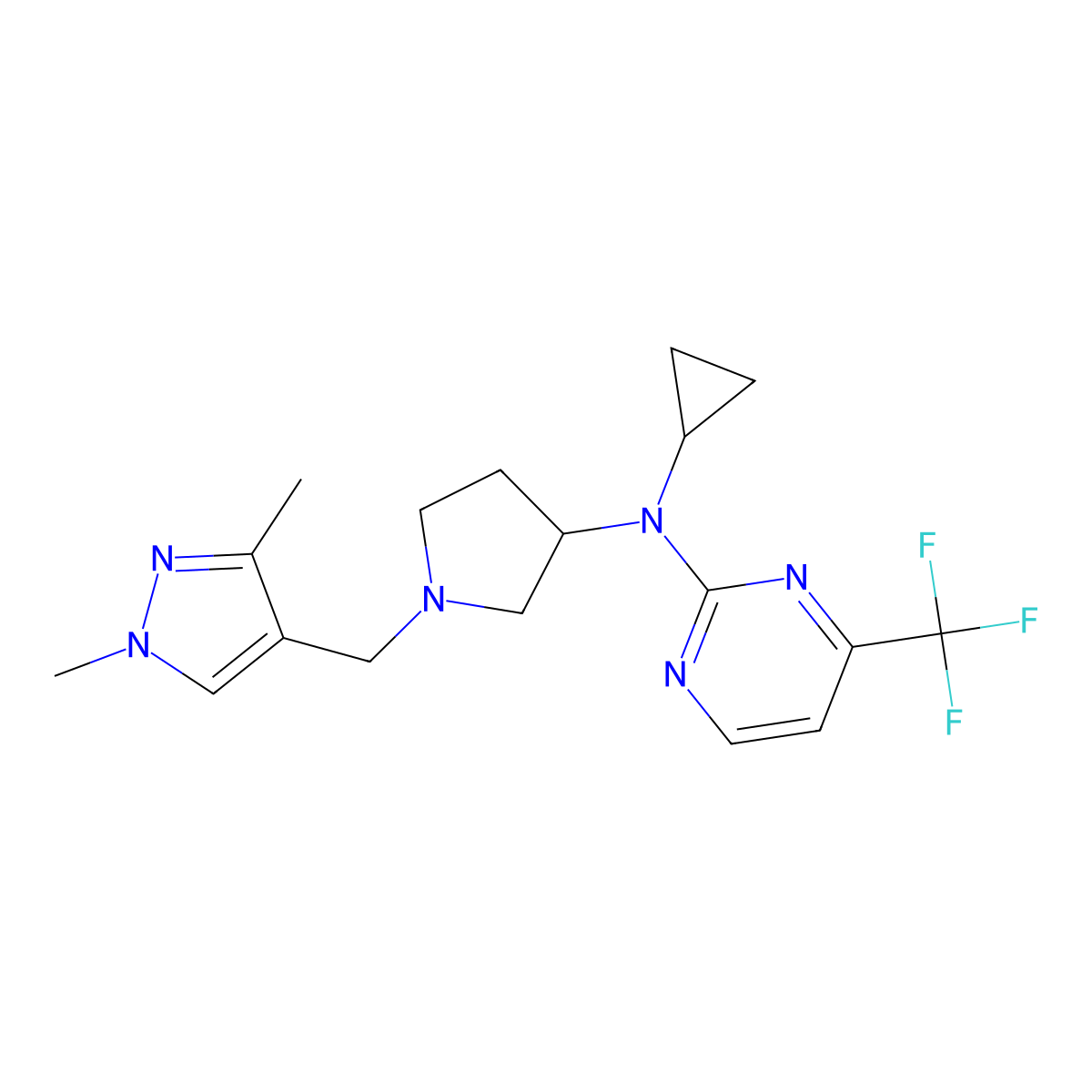 N-cyclopropyl-N-{1-[(1,3-dimethyl-1H-pyrazol-4-yl)methyl]pyrrolidin-3-yl}-4-(trifluoromethyl)pyrimidin-2-amine molecular structure, CAS 3054558-70-9