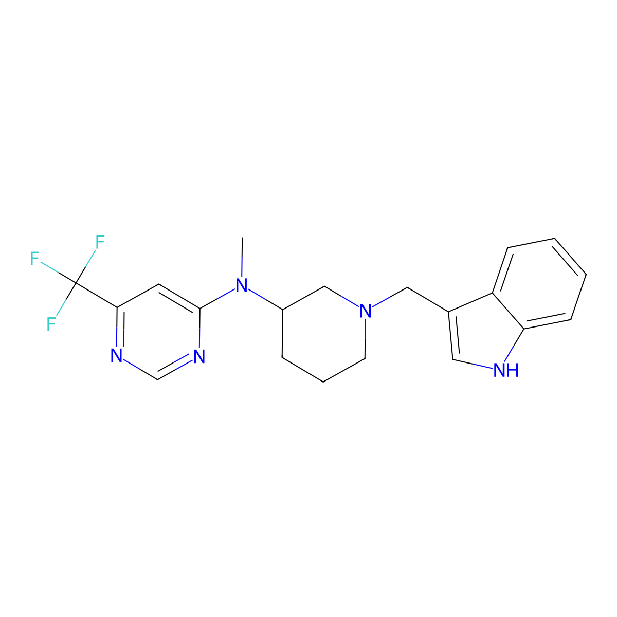 N-[1-(1H-indol-3-ylmethyl)piperidin-3-yl]N-methyl-6-(trifluoromethyl)pyrimidin-4-amine molecular structure, CAS 3054558-72-1
