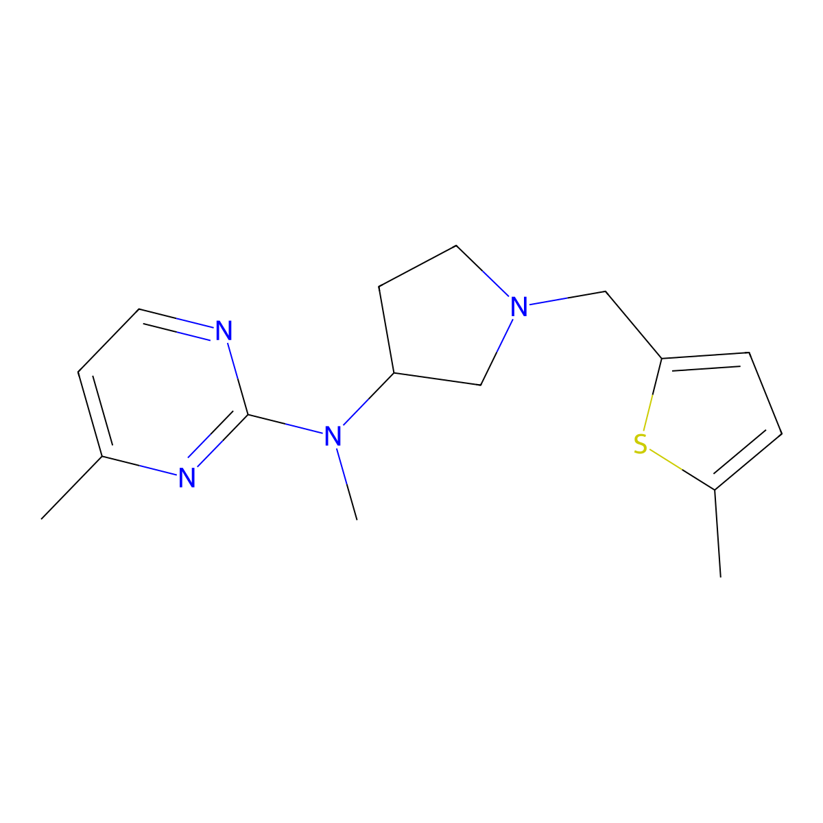 N,4-dimethyl-N-{1-[(5-methylthiophen-2-yl)methyl]pyrrolidin-3-yl}pyrimidin-2-amine molecular structure, CAS 3054558-75-4