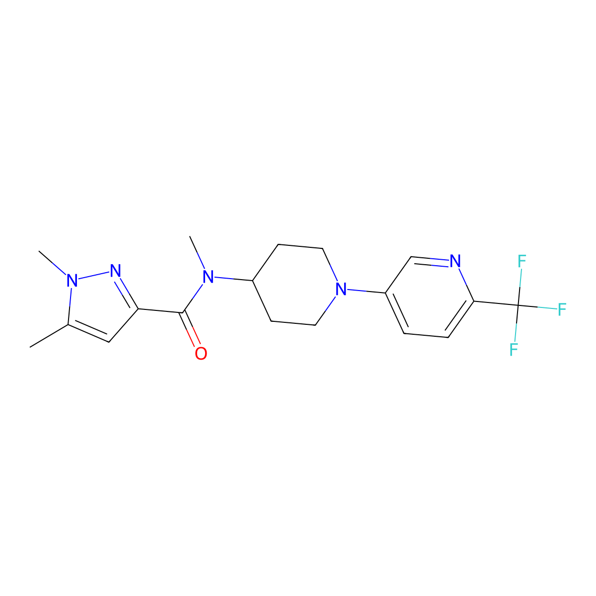 N,1,5-trimethyl-N-{1-[6-(trifluoromethyl)pyridin-3-yl]piperidin-4-yl}-1H-pyrazole-3-carboxamide molecular structure, CAS 3054558-77-6