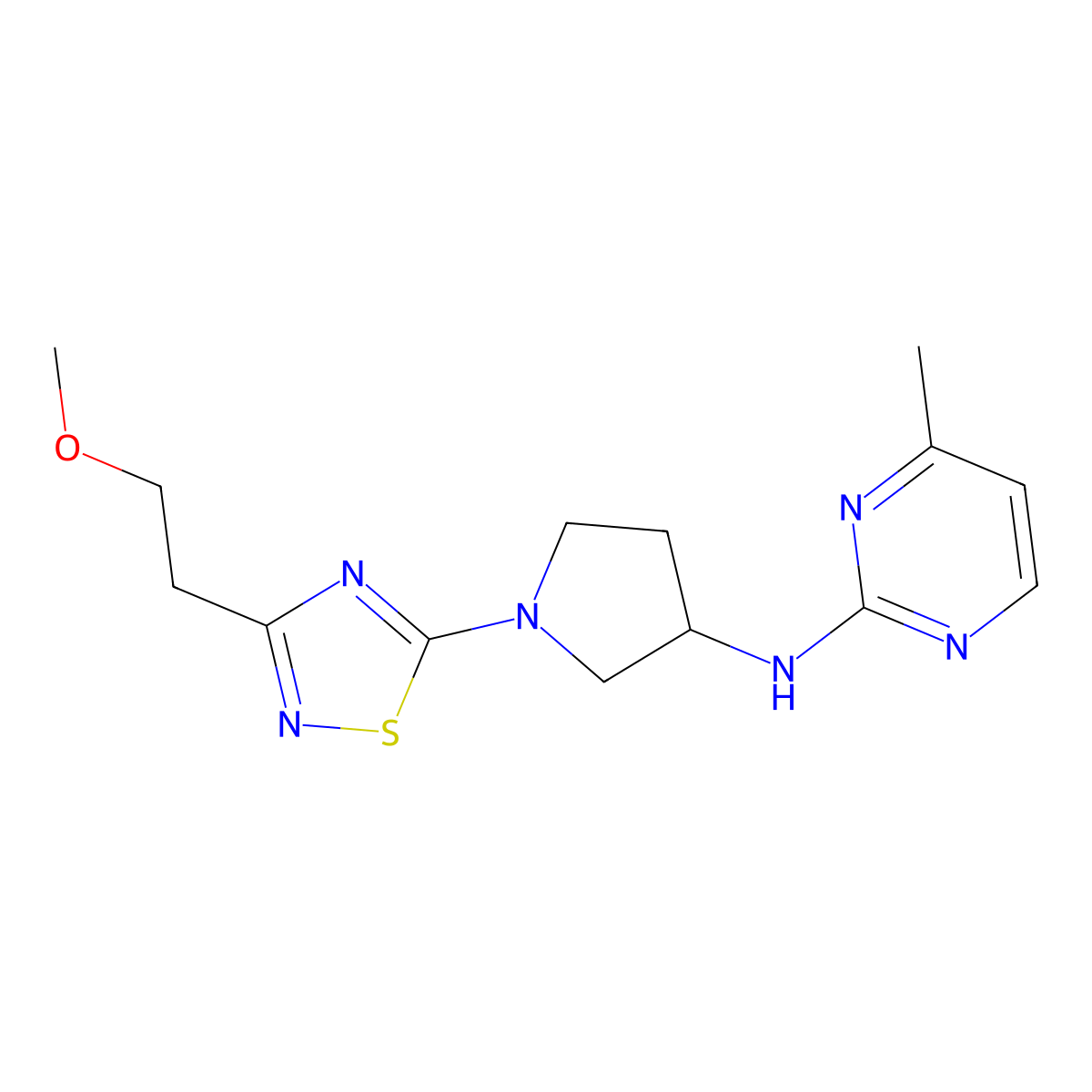 N-{1-[3-(2-methoxyethyl)-1,2,4-thiadiazol-5-yl]pyrrolidin-3-yl}-4-methylpyrimidin-2-amine molecular structure, CAS 3054558-84-5