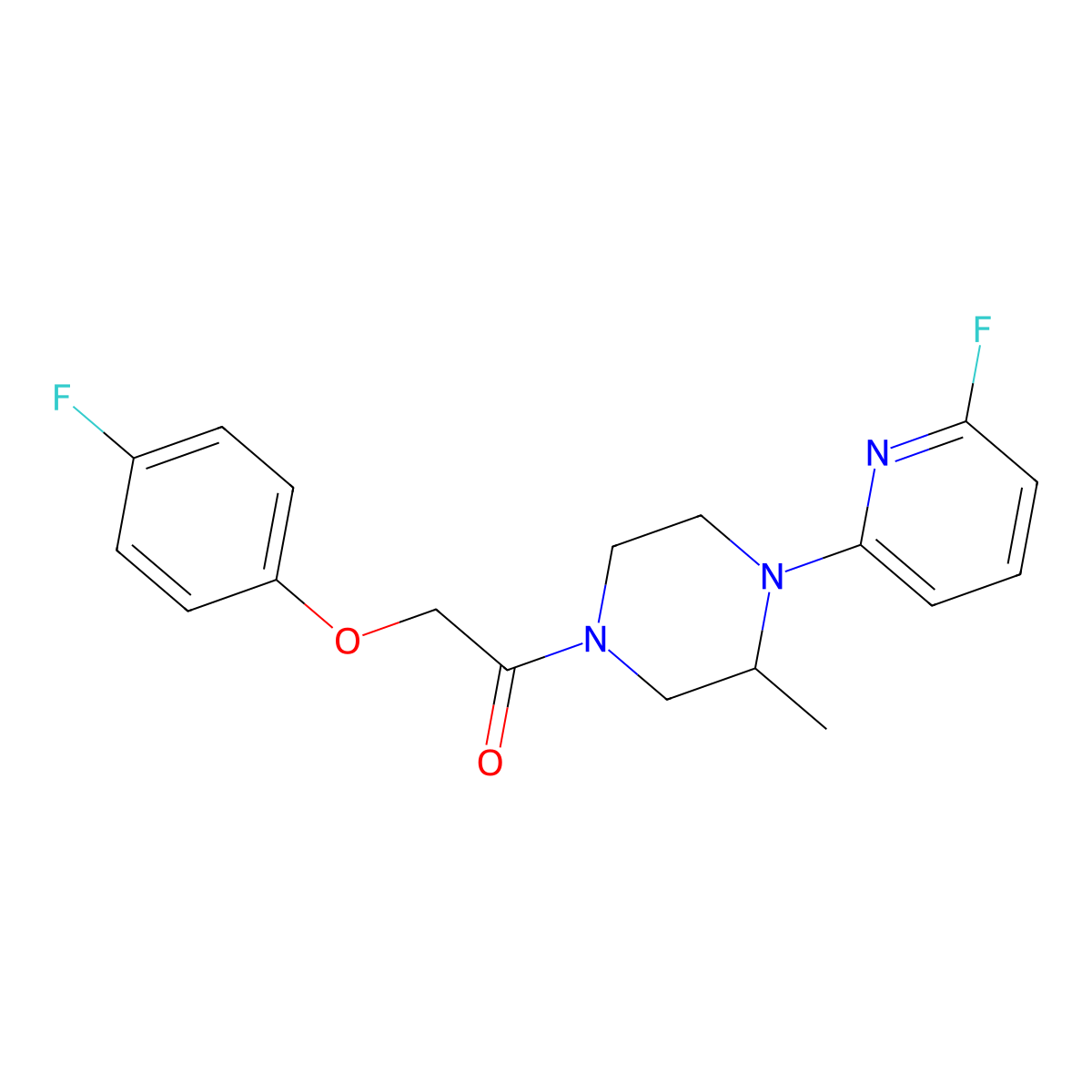 2-(4-Fluorophenoxy)-1-[4-(6-fluoropyridin-2-yl)-3-methylpiperazin-1-yl]ethan-1-one molecular structure, CAS 3054558-85-6