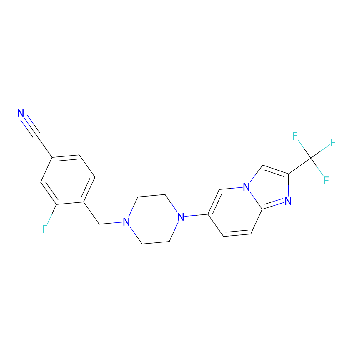 3-Fluoro-4-({4-[2-(trifluoromethyl)imidazo[1,2-a]pyridin-6-yl]piperazin-1-yl}methyl)benzonitrile molecular structure, CAS 3054558-97-0
