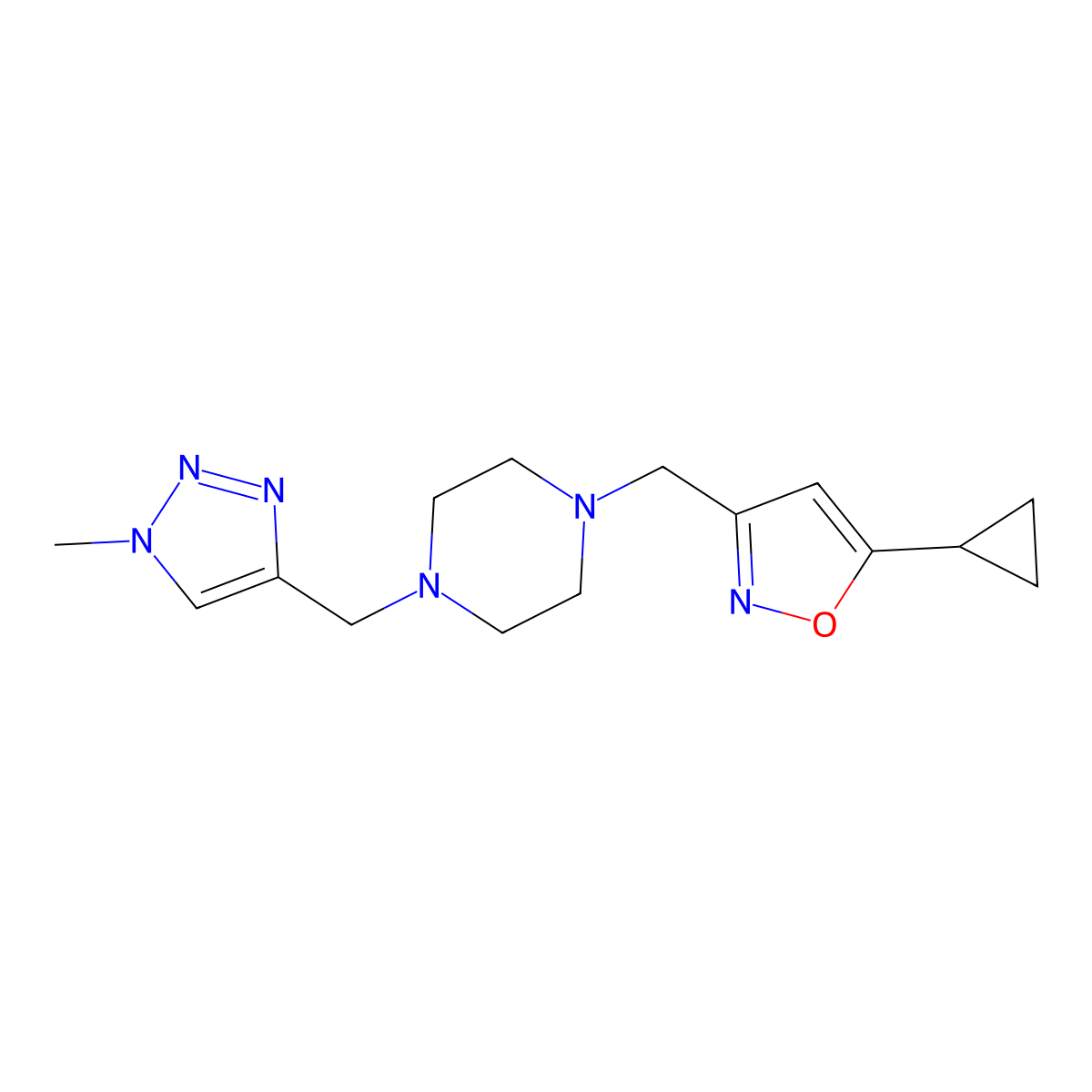 1-[(5-cyclopropyl-1,2-oxazol-3-yl)methyl]-4-[(1-methyl-1H-1,2,3-triazol-4-yl)methyl]piperazine molecular structure, CAS 3054559-00-8