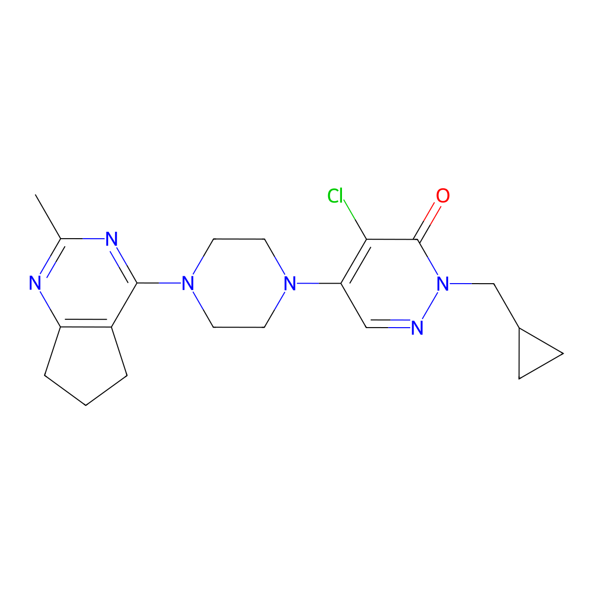 4-chloro-2-(cyclopropylmethyl)-5-(4-{2-methyl-5H,6H,7H-cyclopenta[d]pyrimidin-4-yl}piperazin-1-yl)-2,3-dihydropyridazin-3-one molecular structure, CAS 3054559-03-1