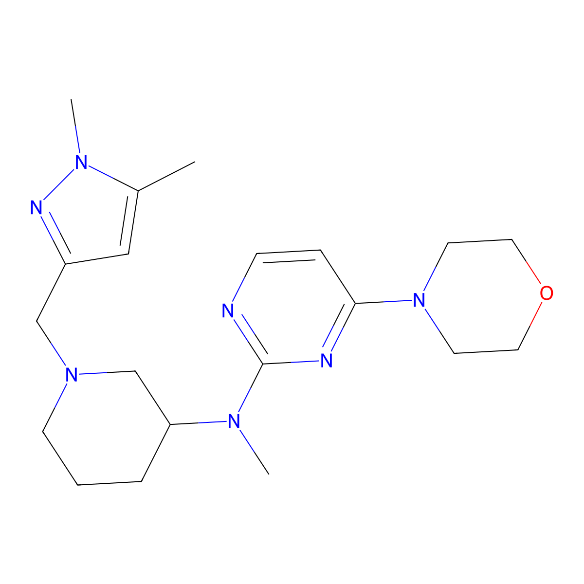 N-{1-[(1,5-dimethyl-1H-pyrazol-3-yl)methyl]piperidin-3-yl}-N-methyl-4-(morpholin-4-yl)pyrimidin-2-amine molecular structure, CAS 3054559-04-2