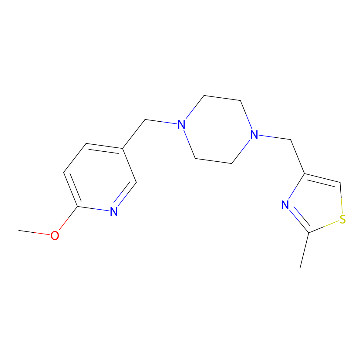 1-[(6-Methoxypyridin-3-yl)methyl]-4-[(2-methyl-1,3-thiazol-4-yl)methyl]piperazine molecular structure, CAS 3054559-05-3