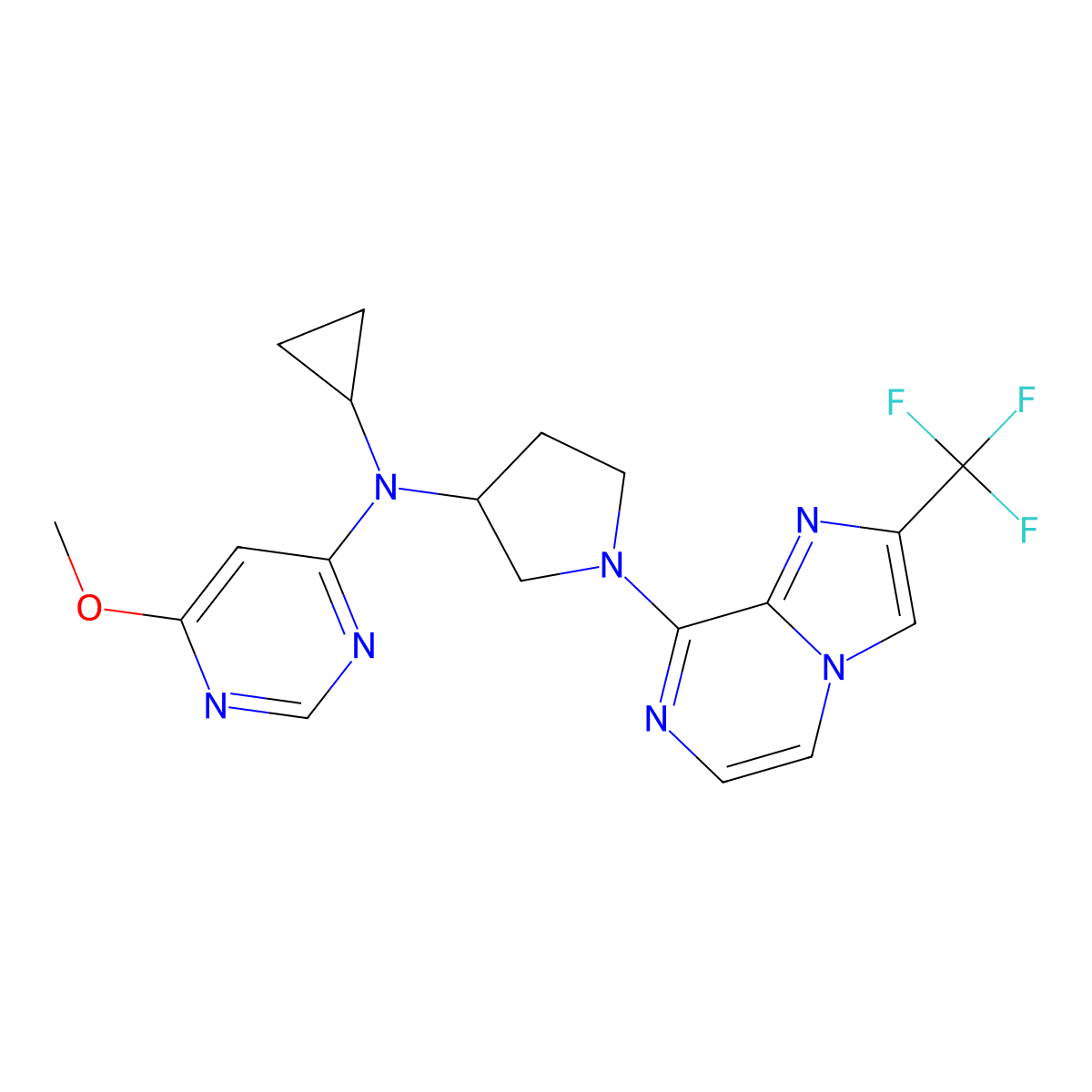 N-cyclopropyl-6-methoxy-N-{1-[2-(trifluoromethyl)imidazo[1,2-a]pyrazin-8-yl]pyrrolidin-3-yl}pyrimidin-4-amine molecular structure, CAS 3054559-09-7