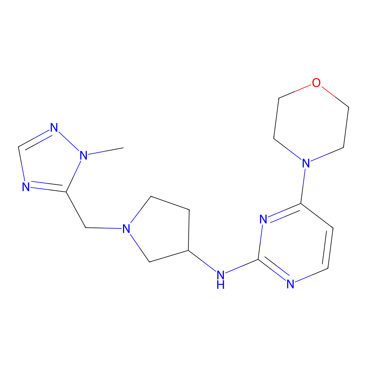 N-{1-[(1-methyl-1H-1,2,4-triazol-5-yl)methyl]pyrrolidin-3-yl}-4-(morpholin-4-yl)pyrimidin-2-amine molecular structure, CAS 3054559-12-2