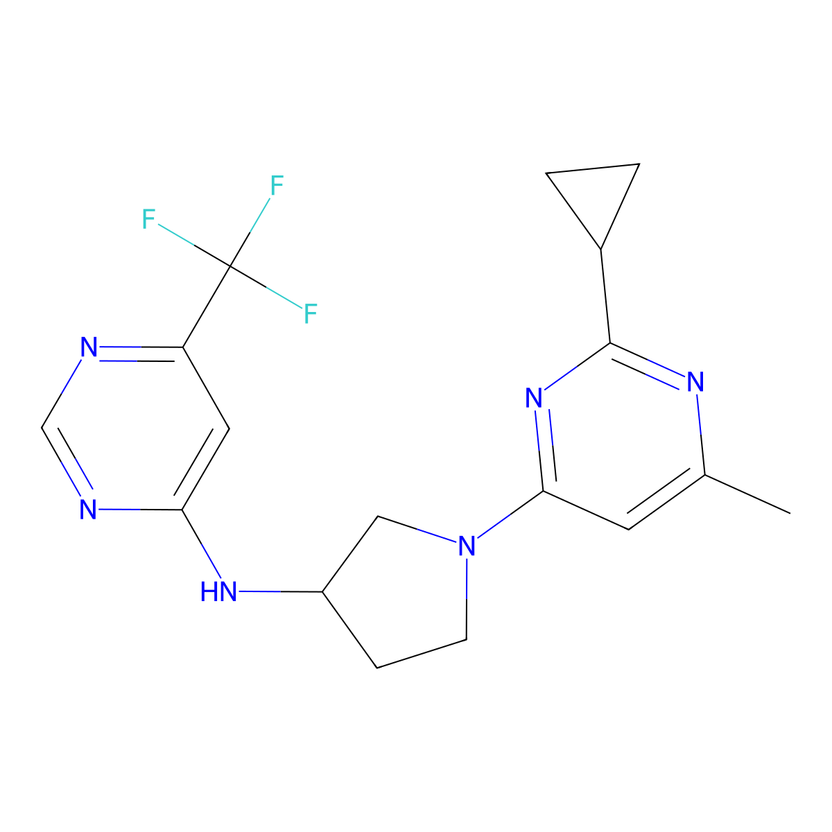 N-[1-(2-cyclopropyl-6-methylpyrimidin-4-yl)pyrrolidin-3-yl]-6-(trifluoromethyl)pyrimidin-4-amine molecular structure, CAS 3054559-14-4