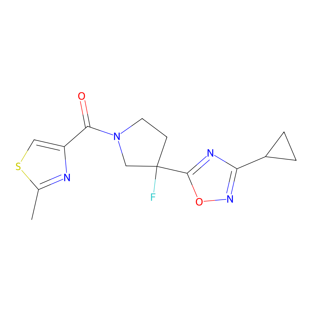 3-Cyclopropyl-5-[3-fluoro-1-(2-methyl-1,3-thiazole-4-carbonyl)pyrrolidin-3-yl]-1,2,4-oxadiazole molecular structure, CAS 3054559-21-3