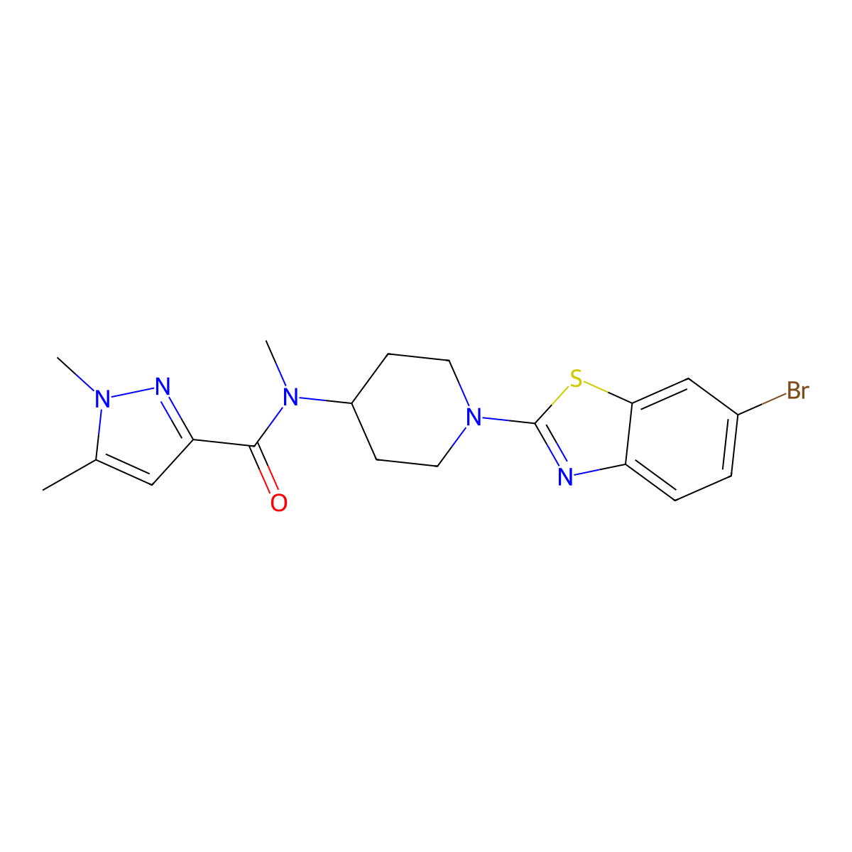 N-[1-(6-bromo-1,3-benzothiazol-2-yl)piperidin-4-yl]-N,1,5-trimethyl-1H-pyrazole-3-carboxamide molecular structure, CAS 3054559-28-0