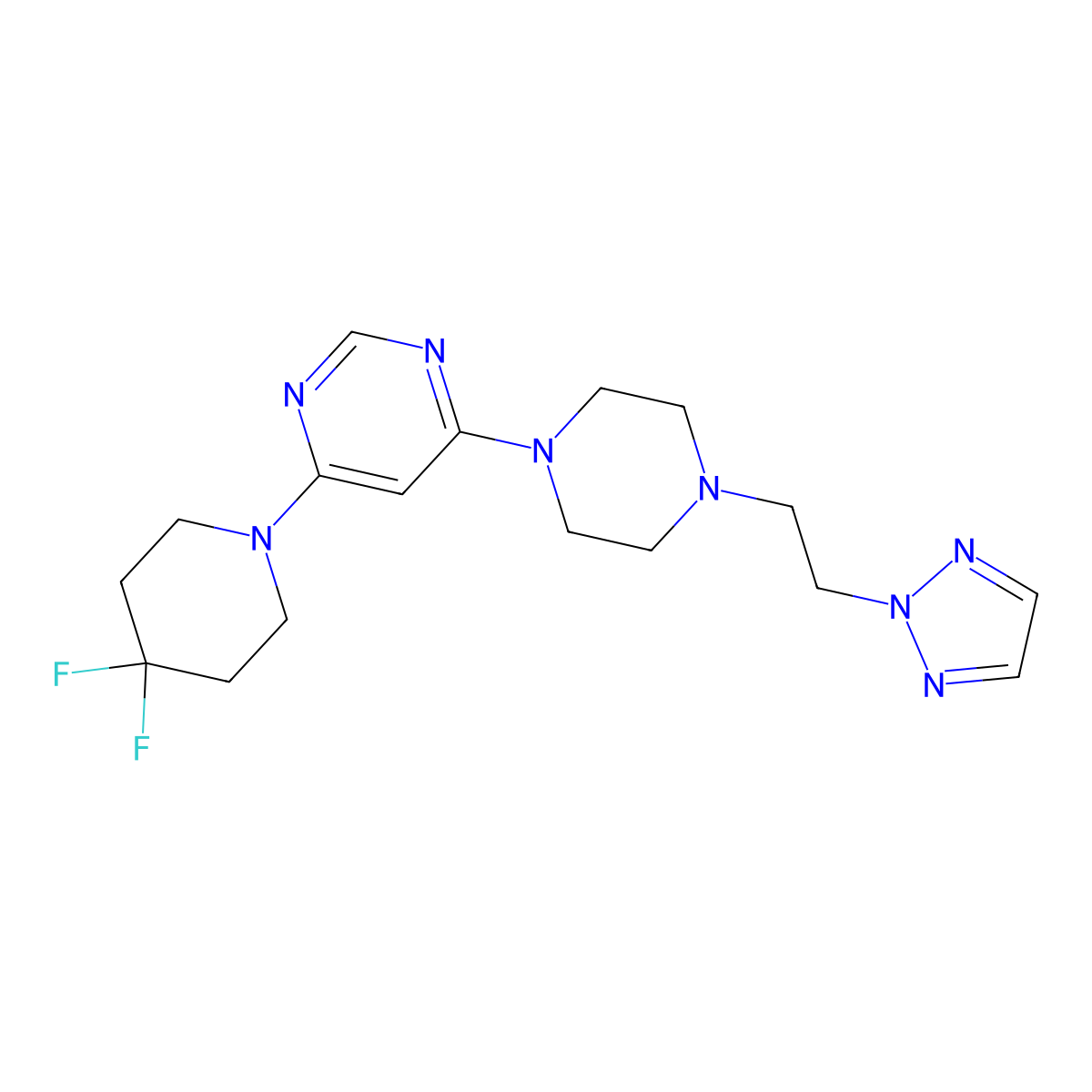 4-(4,4-difluoropiperidin-1-yl)-6-{4-[2-(2H-1,2,3-triazol-2-yl)ethyl]piperazin-1-yl}pyrimidine molecular structure, CAS 3054559-36-0