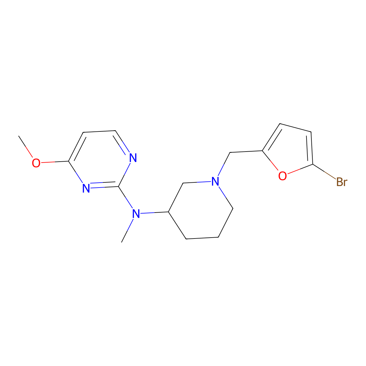 N-{1-[(5-bromofuran-2-yl)methyl]piperidin-3-yl}-4-methoxy-N-methylpyrimidin-2-amine molecular structure, CAS 3054559-40-6