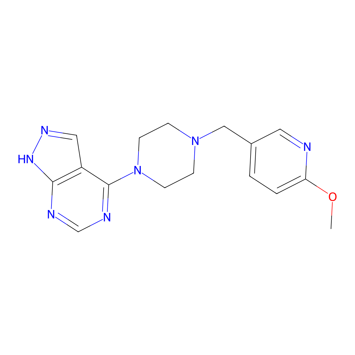 1-[(6-methoxypyridin-3-yl)methyl]-4-{1H-pyrazolo[3,4-d]pyrimidin-4-yl}piperazine molecular structure, CAS 3054559-46-2