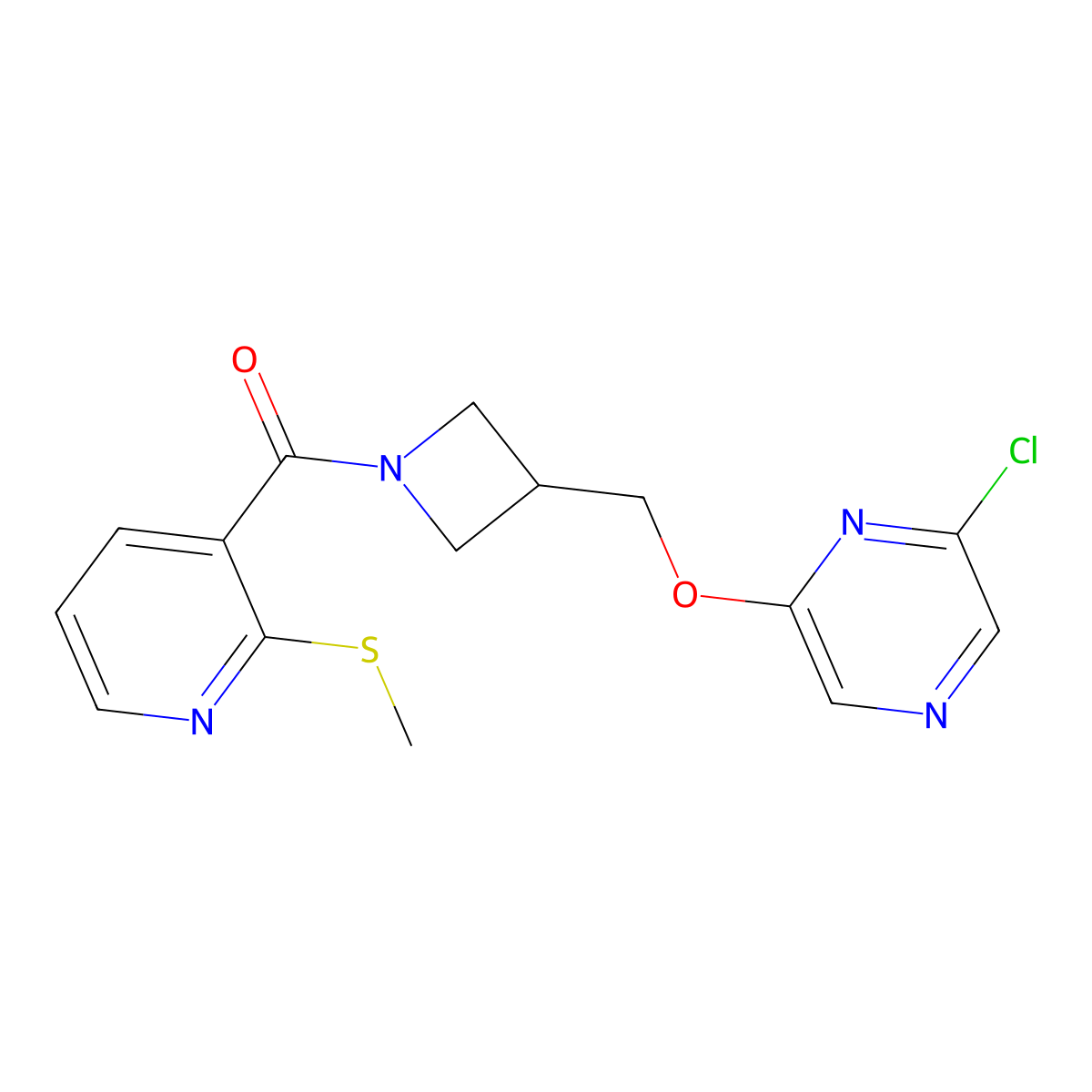 2-Chloro-6-({1-[2-(methylsulfanyl)pyridine-3-carbonyl]azetidin-3-yl}methoxy)pyrazine molecular structure, CAS 3054559-50-8