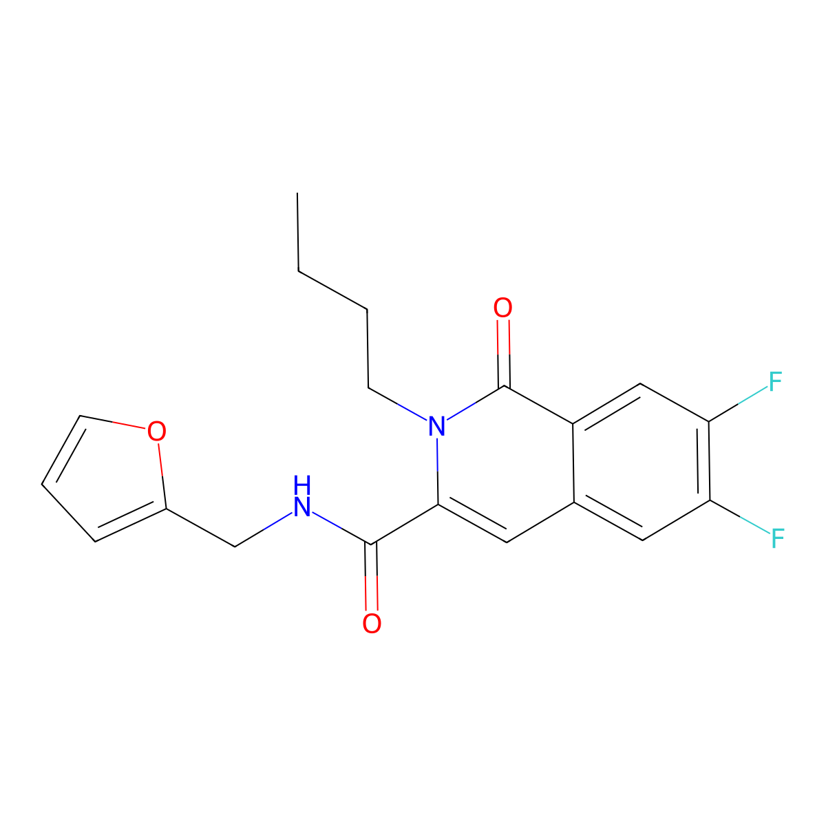 2-butyl-6,7-difluoro-N-[(furan-2-yl)methyl]-1-oxo-1,2-dihydroisoquinoline-3-carboxamide molecular structure, CAS 3054559-51-9