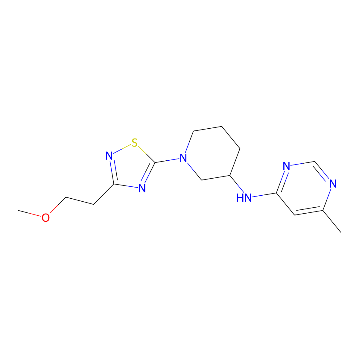 N-{1-[3-(2-methoxyethyl)-1,2,4-thiadiazol-5-yl]piperidin-3-yl}-6-methylpyrimidin-4-amine molecular structure, CAS 3054559-55-3