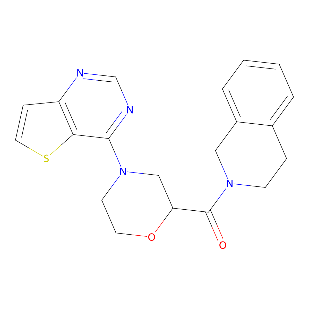 2-(4-{Thieno[3,2-d]pyrimidin-4-yl}morpholine-2-carbonyl)-1,2,3,4-tetrahydroisoquinoline molecular structure, CAS 3054559-59-7
