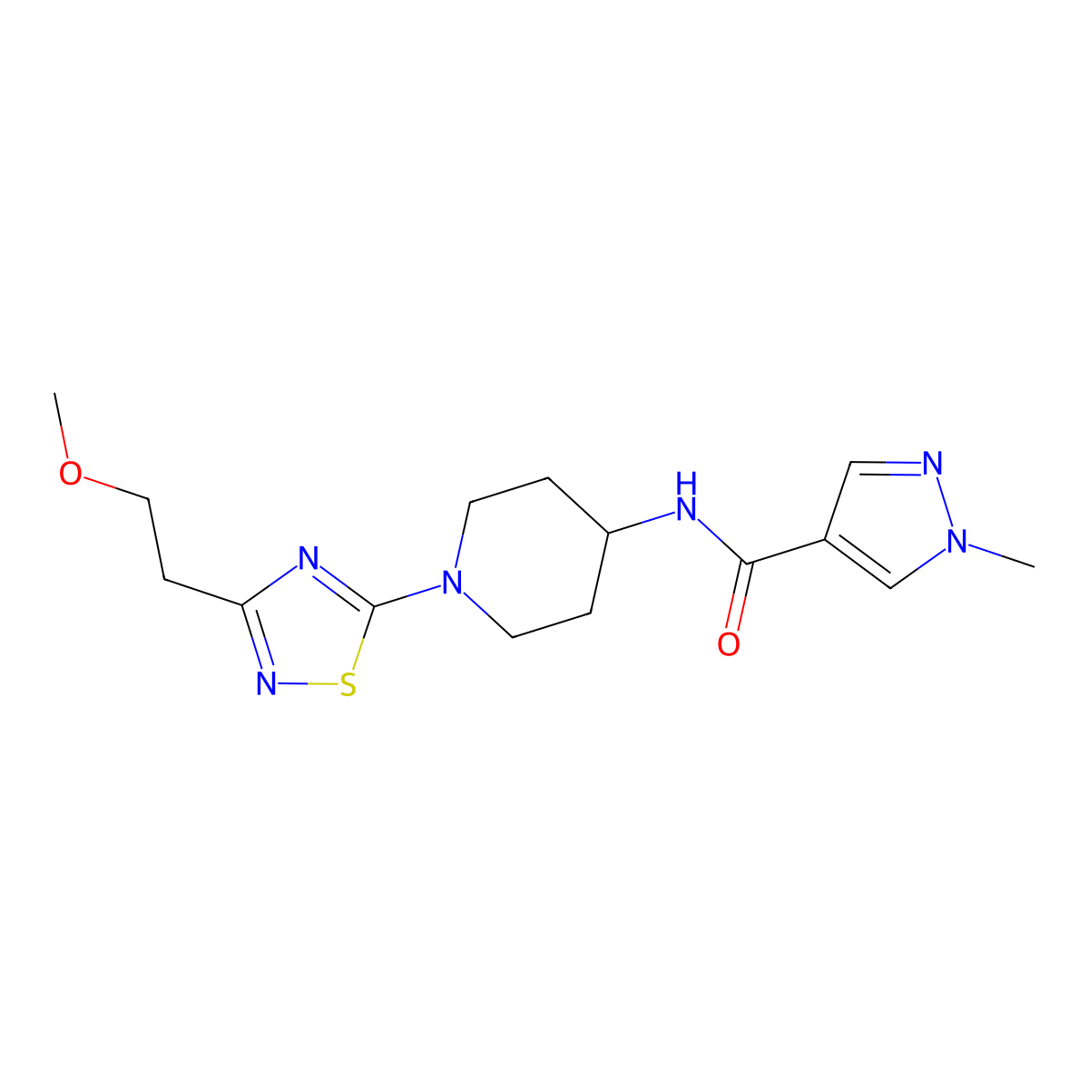 N-{1-[3-(2-methoxyethyl)-1,2,4-thiadiazol-5-yl]piperidin-4-yl}-1-methyl-1H-pyrazole-4-carboxamide molecular structure, CAS 3054559-62-2