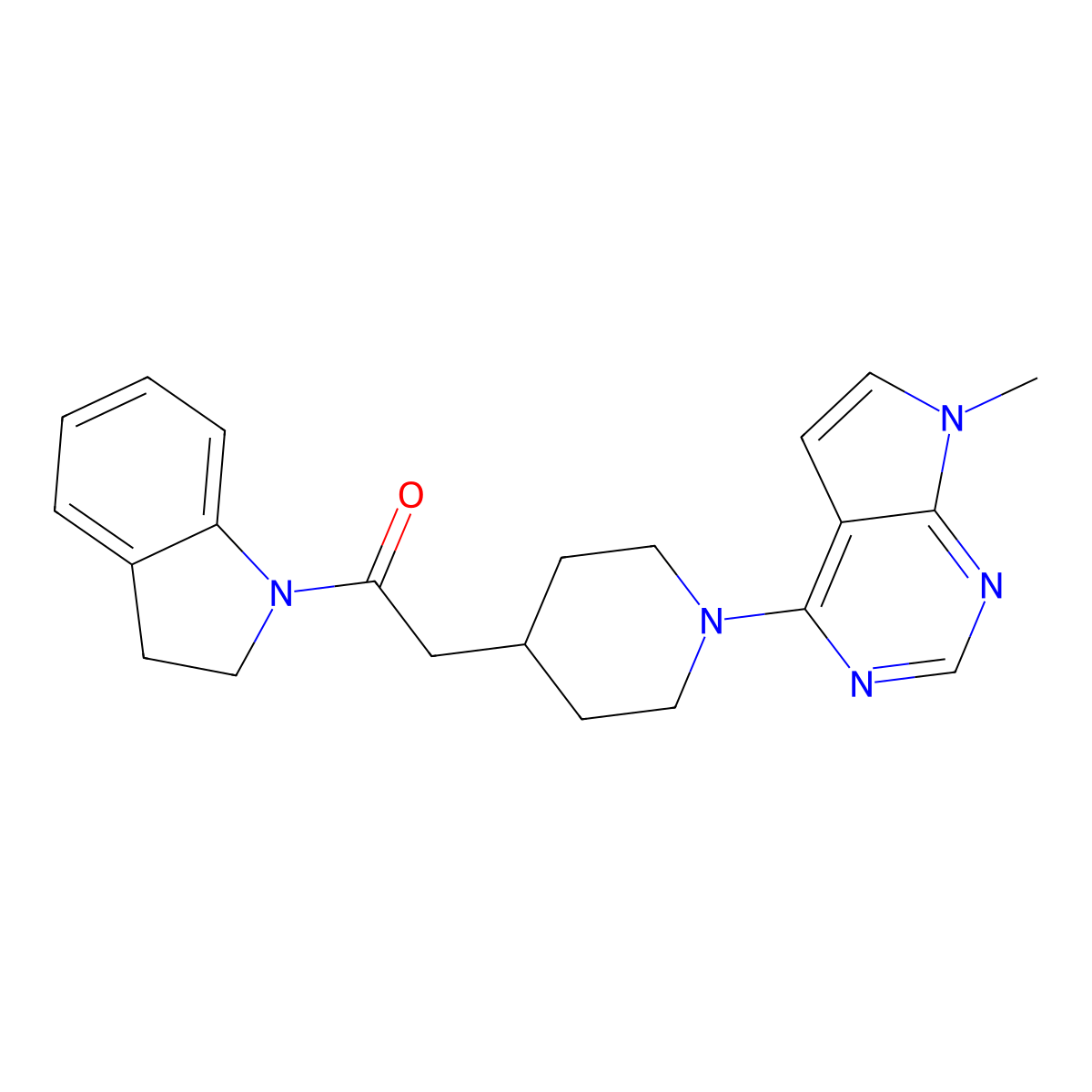 1-(2,3-dihydro-1H-indol-1-yl)-2-(1-{7-methyl-7H-pyrrolo[2,3-d]pyrimidin-4-yl}piperidin-4-yl)ethan-1-one molecular structure, CAS 3054559-67-7