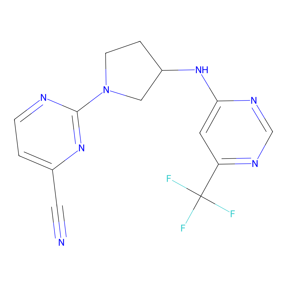 2-(3-{[6-(Trifluoromethyl)pyrimidin-4-yl]amino}pyrrolidin-1-yl)pyrimidine-4-carbonitrile molecular structure, CAS 3054559-68-8