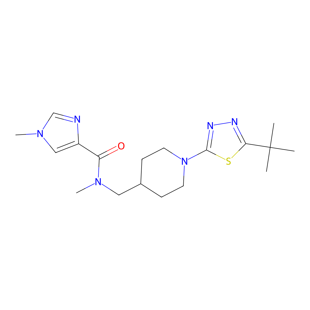 N-{[1-(5-tert-butyl-1,3,4-thiadiazol-2-yl)piperidin-4-yl]methyl}-N,1-dimethyl-1H-imidazole-4-carboxamide molecular structure, CAS 3054559-69-9