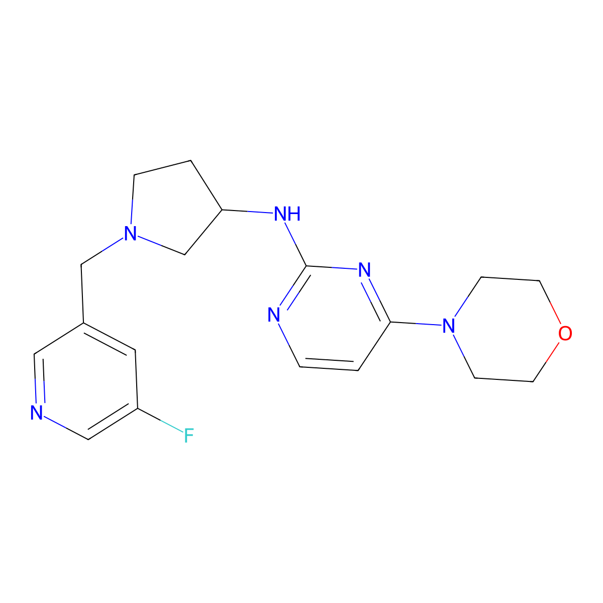 N-{1-[(5-fluoropyridin-3-yl)methyl]pyrrolidin-3-yl}-4-(morpholin-4-yl)pyrimidin-2-amine molecular structure, CAS 3054559-72-4