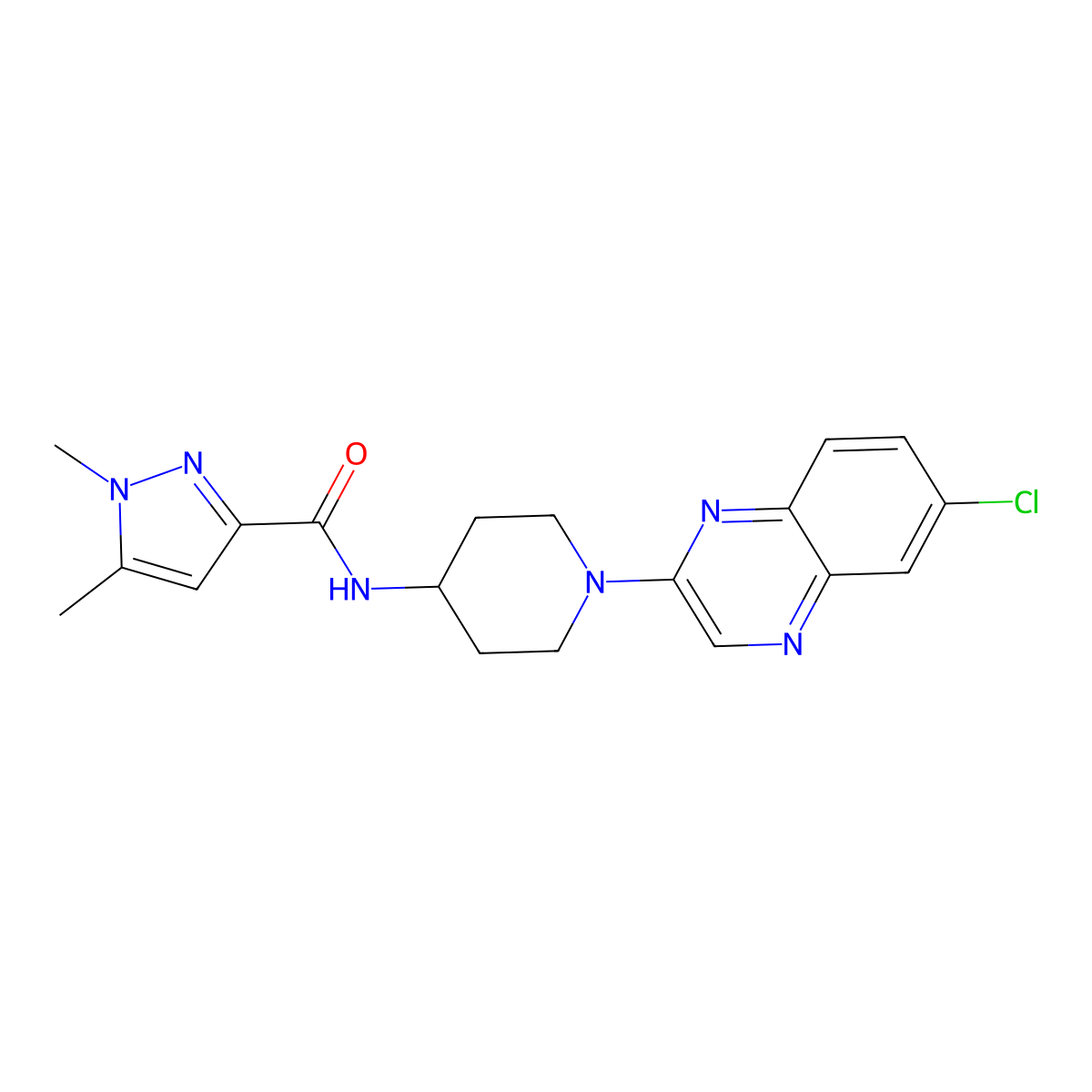 N-[1-(6-chloroquinoxalin-2-yl)piperidin-4-yl]-1,5-dimethyl-1H-pyrazole-3-carboxamide molecular structure, CAS 3054559-74-6