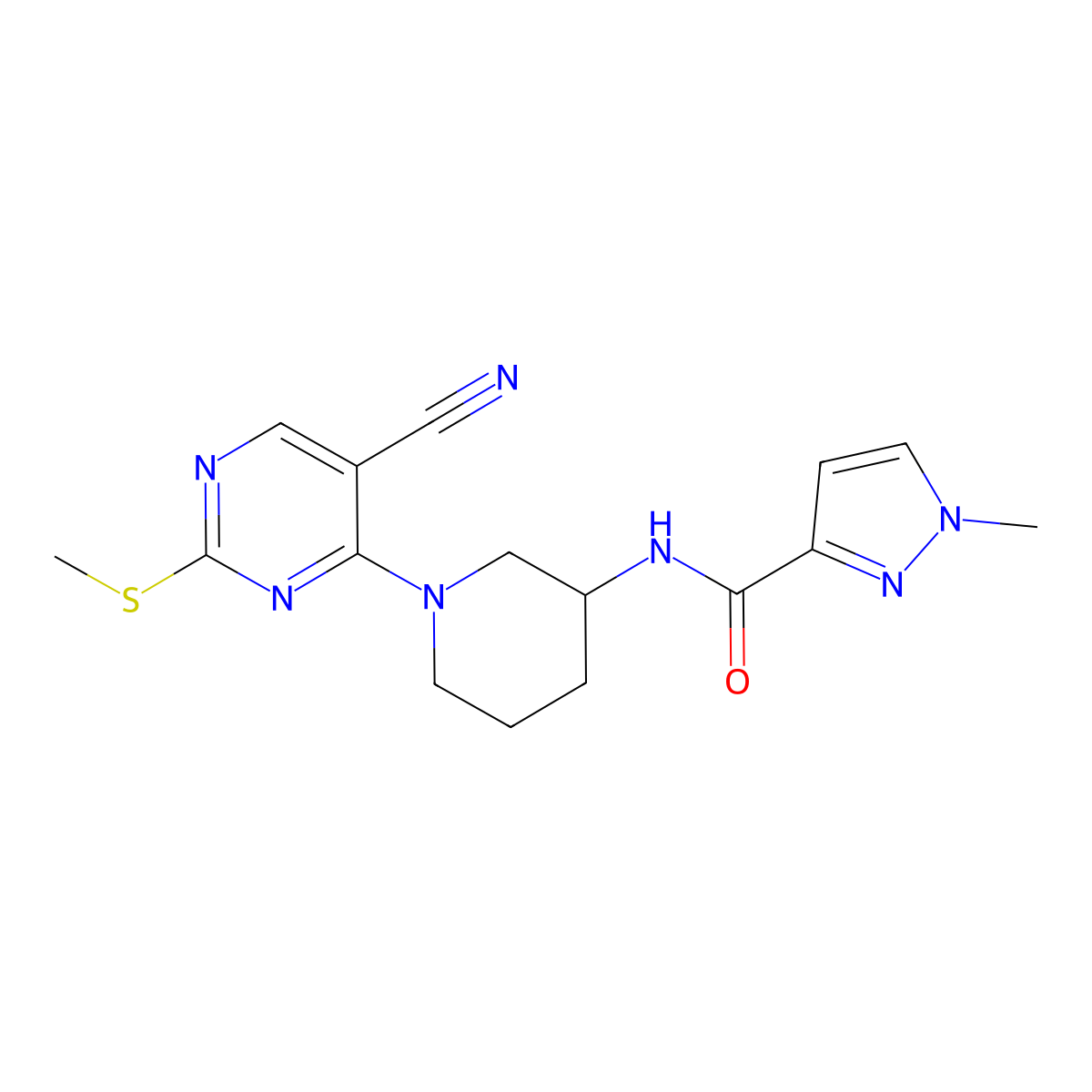 N-{1-[5-cyano-2-(methylsulfanyl)pyrimidin-4-yl]piperidin-3-yl}-1-methyl-1H-pyrazole-3-carboxamide molecular structure, CAS 3054559-76-8