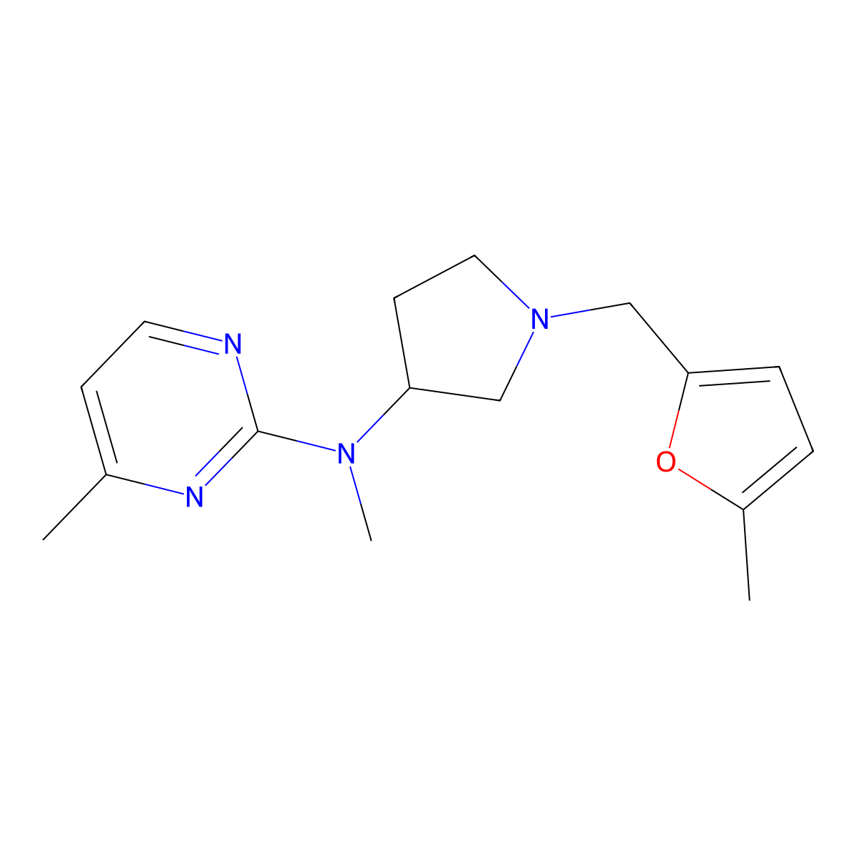 N,4-dimethyl-N-{1-[(5-methylfuran-2-yl)methyl]pyrrolidin-3-yl}pyrimidin-2-amine molecular structure, CAS 3054559-82-6