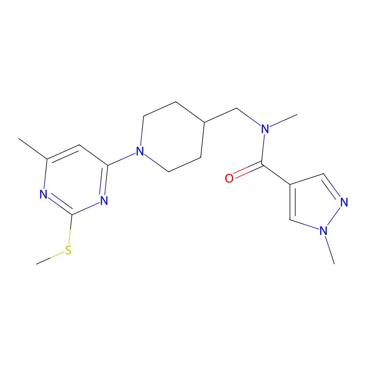 N,1-dimethyl-N-({1-[6-methyl-2-(methylsulfanyl)pyrimidin-4-yl]piperidin-4-yl}methyl)-1H-pyrazole-4-carboxamide molecular structure, CAS 3054559-83-7