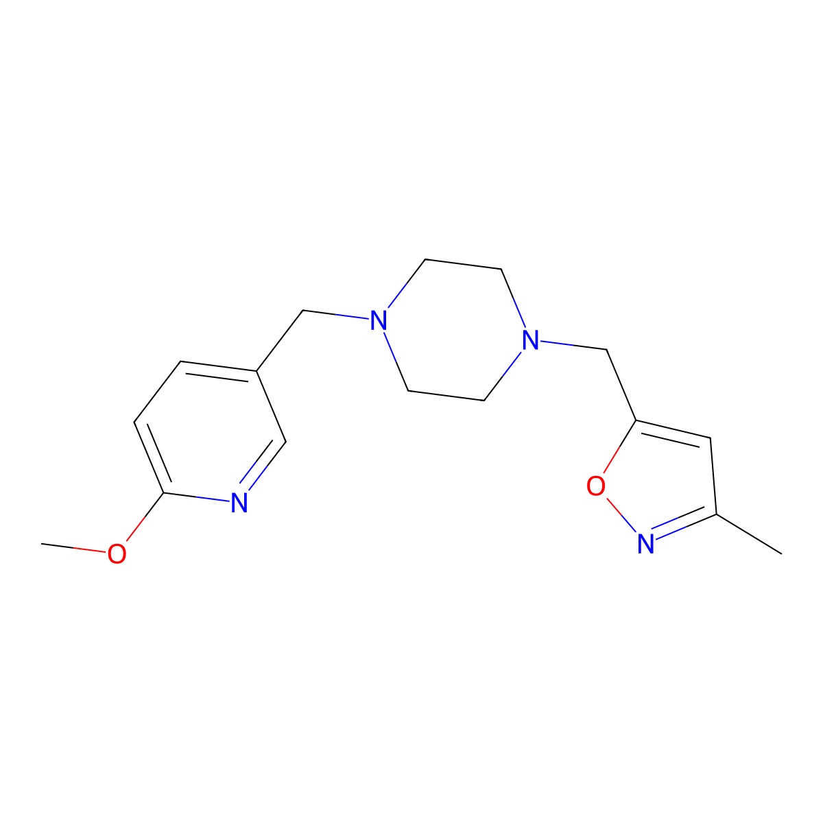 1-[(6-Methoxypyridin-3-yl)methyl]-4-[(3-methyl-1,2-oxazol-5-yl)methyl]piperazine molecular structure, CAS 3054559-84-8
