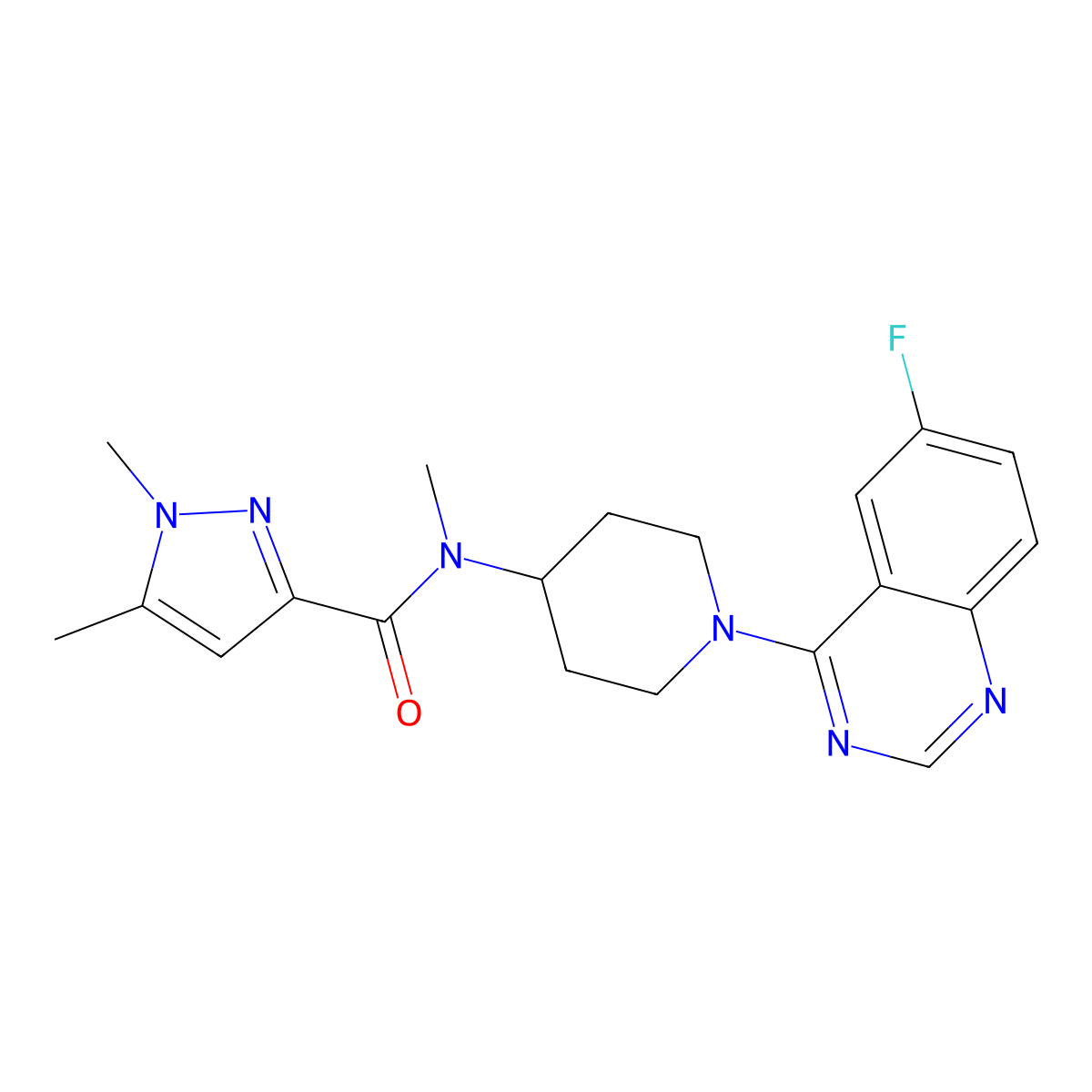 N-[1-(6-fluoroquinazolin-4-yl)piperidin-4-yl]-N,1,5-trimethyl-1H-pyrazole-3-carboxamide molecular structure, CAS 3054559-85-9