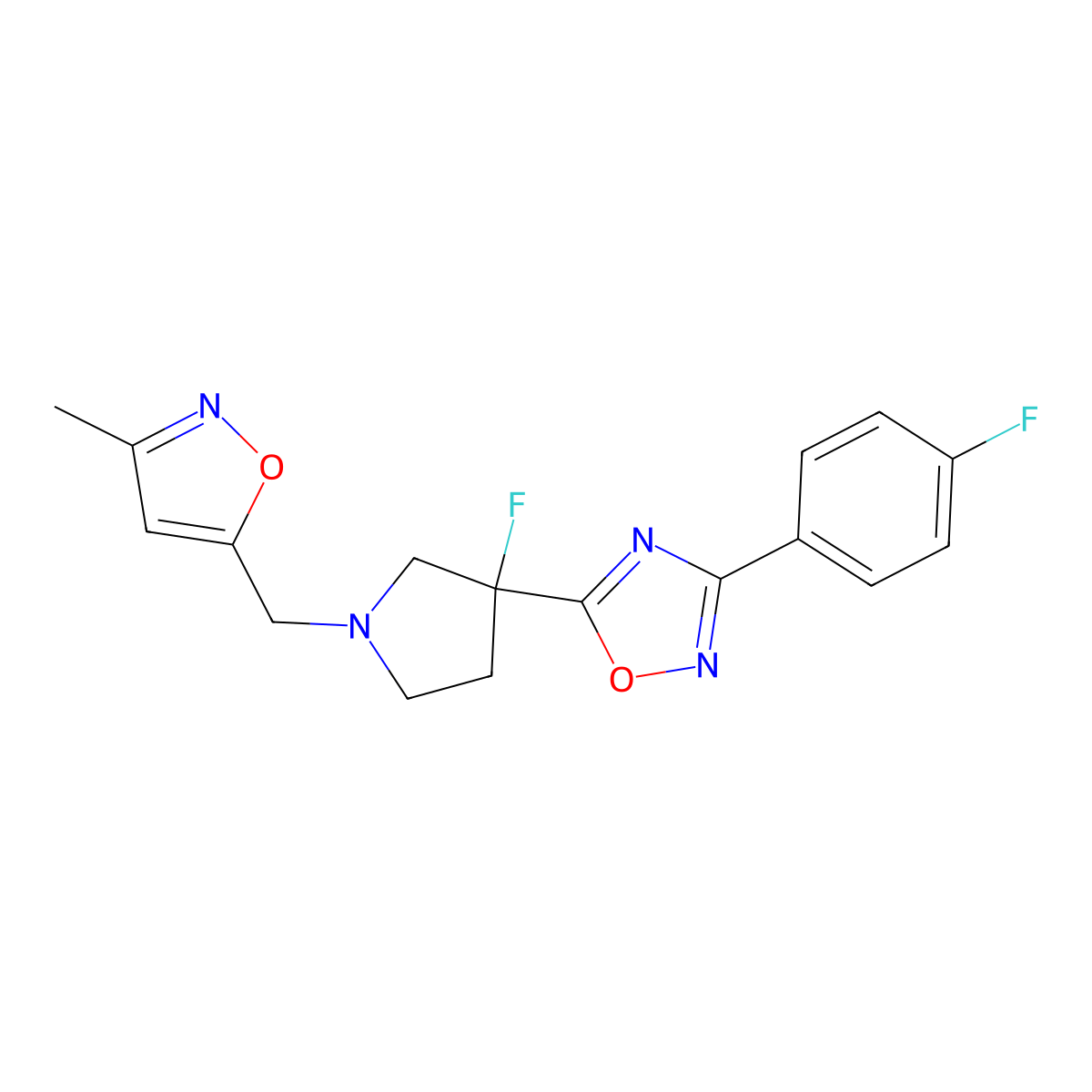 5-{3-Fluoro-1-[(3-methyl-1,2-oxazol-5-yl)methyl]pyrrolidin-3-yl}-3-(4-fluorophenyl)-1,2,4-oxadiazole molecular structure, CAS 3054559-88-2
